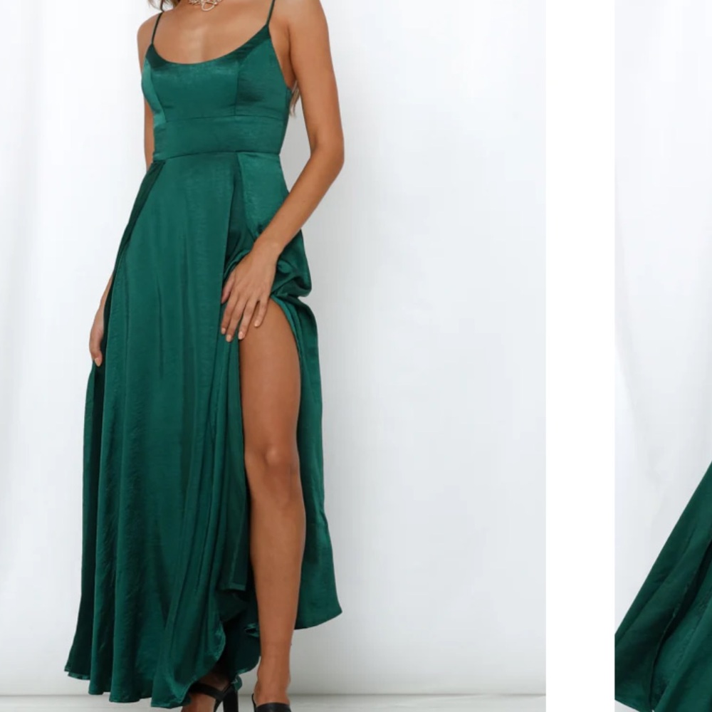 Hello Molly Dark Green Satin Slit Maxi Dress Gown Formal Wedding Guest Large
